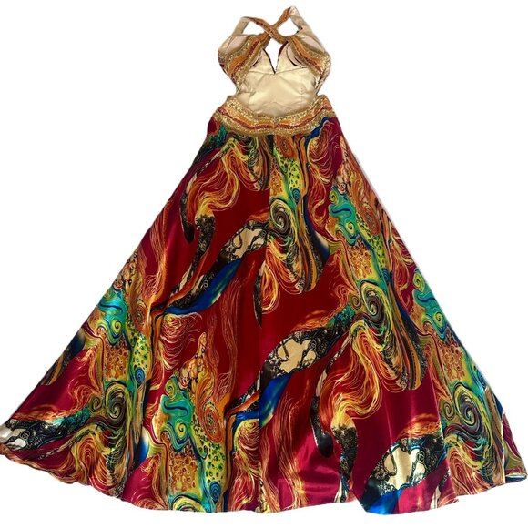 Vibrant Multicolor Sequin Satin Gown Open Back Floor Length Formal Dress Size 4 - Picture 4 of 14